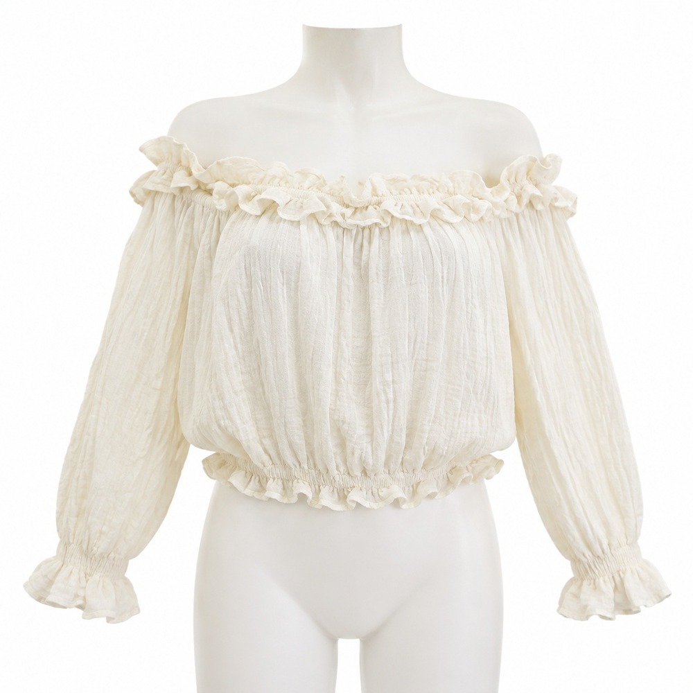 SAUCi White Cotton Gauze Ruffle Crop Top Women L Boho Peasant Off Shoulder Y2K
